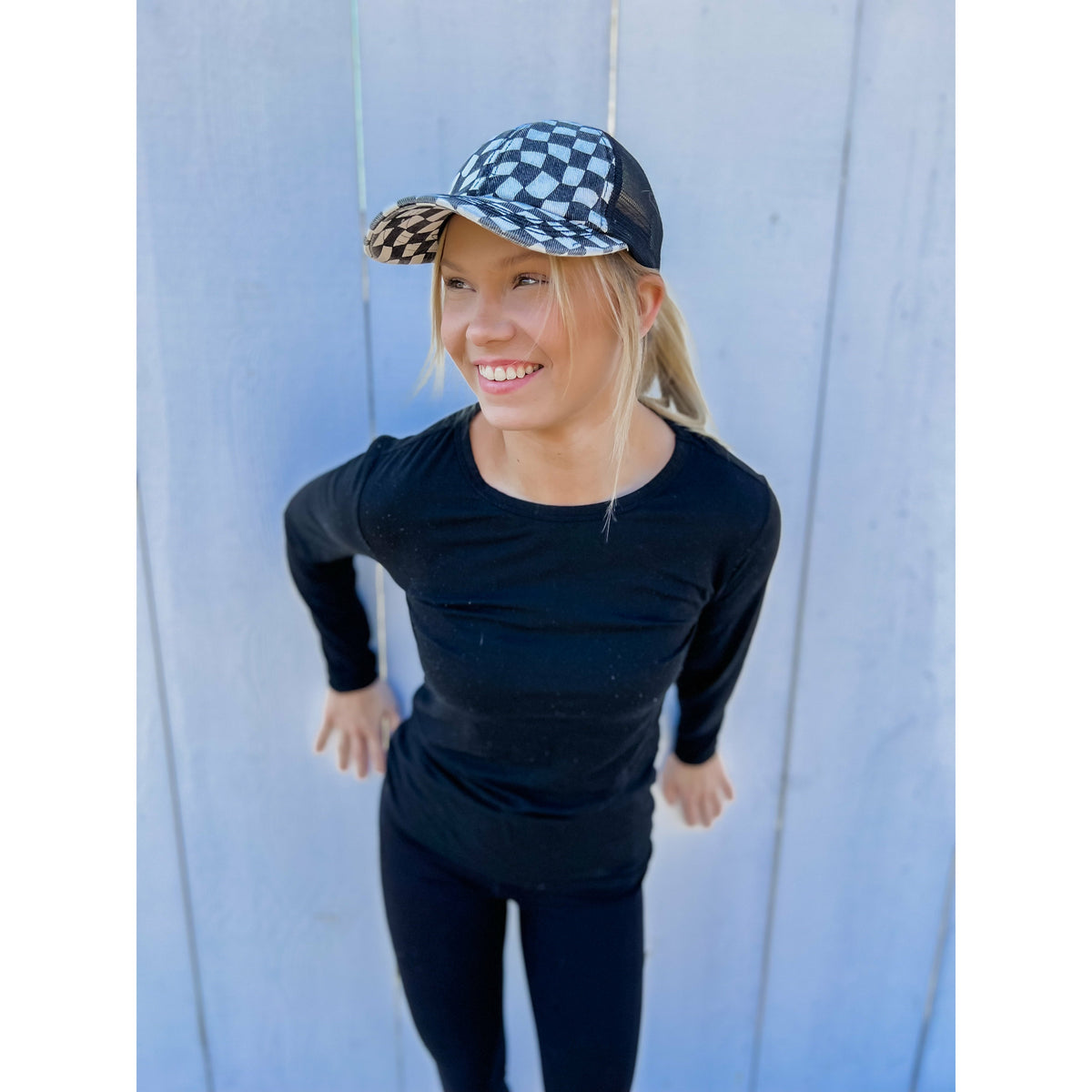 Checkered Mesh Criss Cross High Pony C.C Ball Cap BT1008