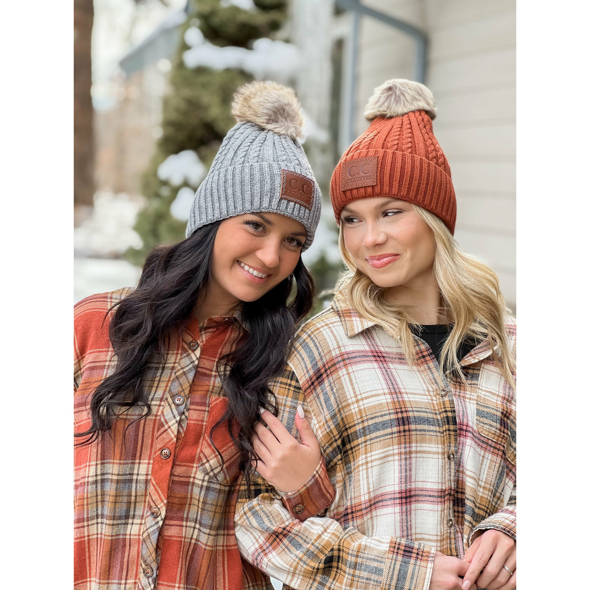 Double Braided Knit Faux Fur Pom Beanie HAT3478