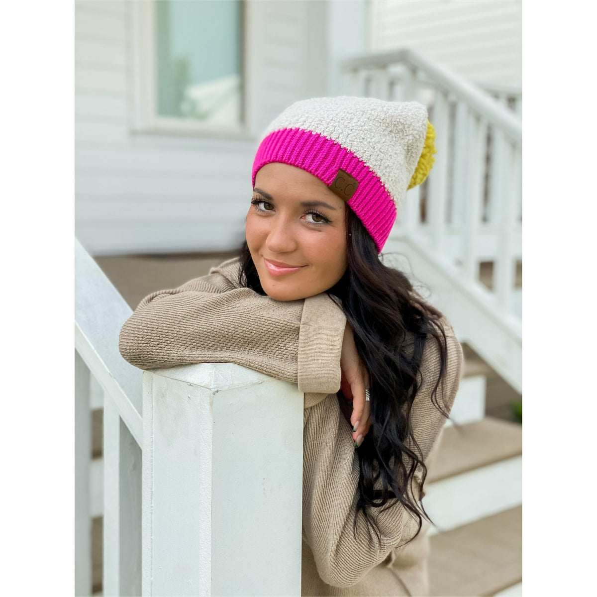 Color Block Knitted Sherpa Pom Beanie HAT2069