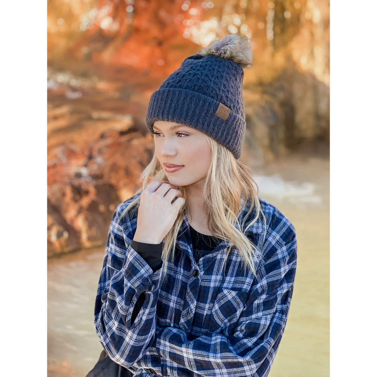 Solid Smocked Stitch Fur Pom C.C Beanie HAT2080