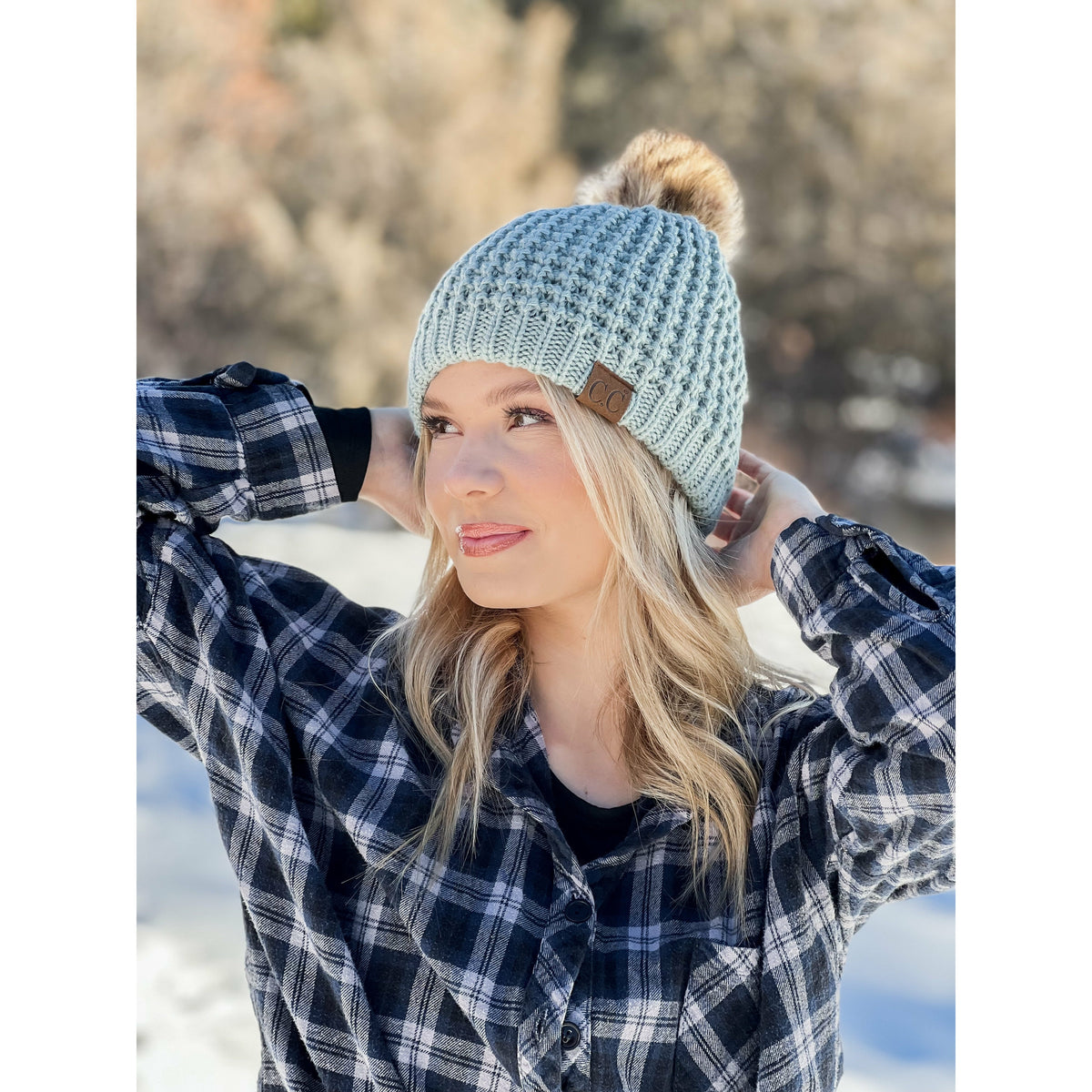 Solid Waffle Stitch Fur Pom C.C Beanie HAT2071