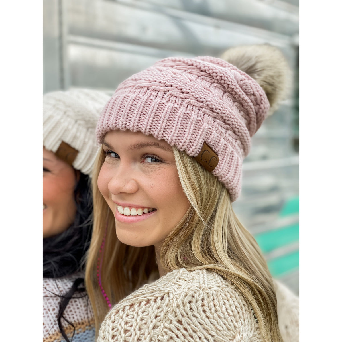 Whipstitch Knit Faux Fur Pom Beanie HAT7392POM