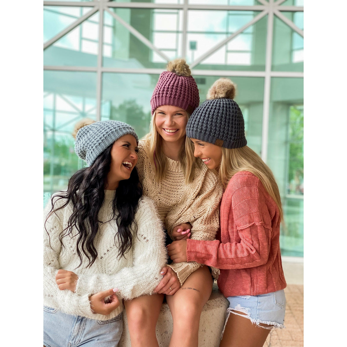 Solid Waffle Stitch Fur Pom C.C Beanie HAT2071