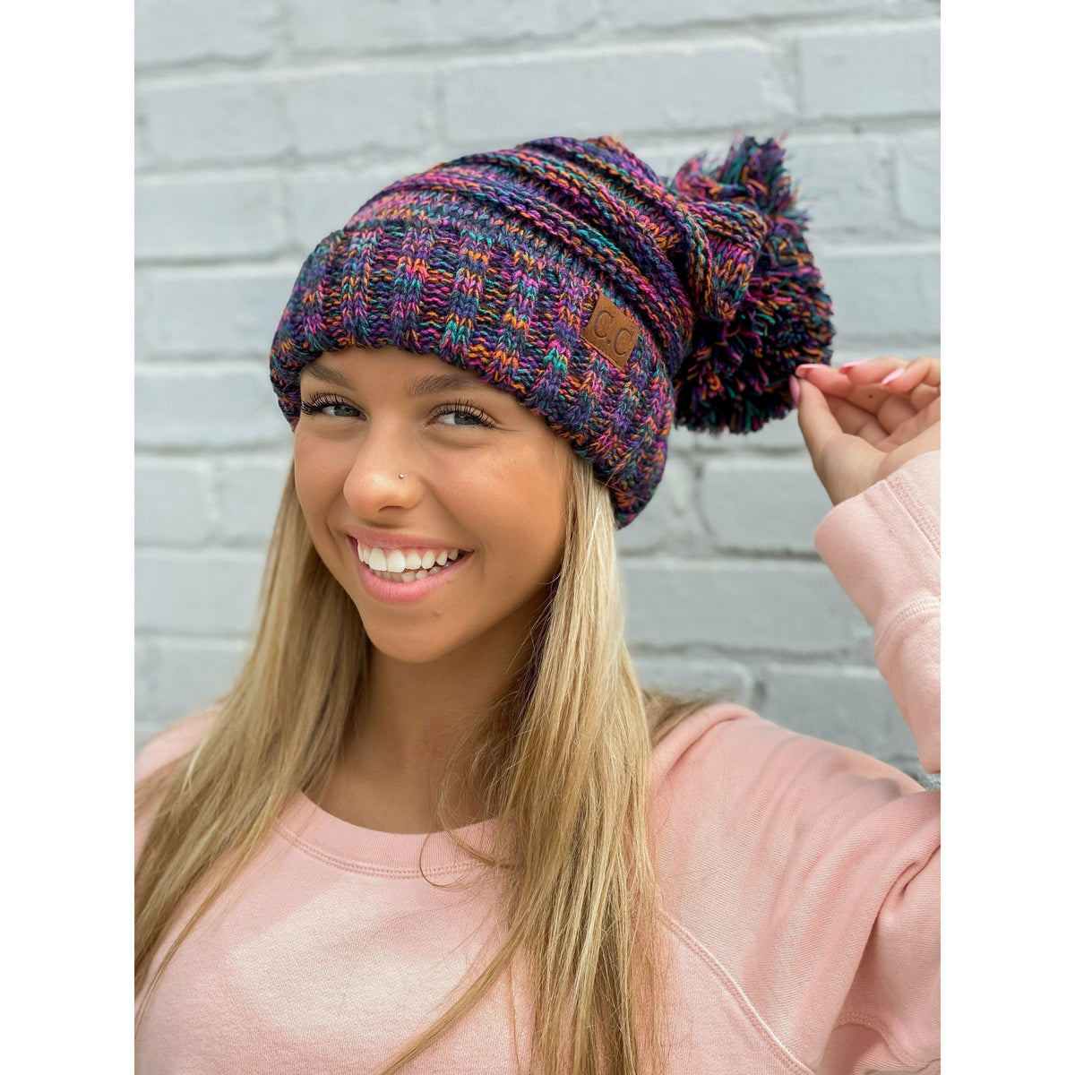 Tri-Color Slouchy Pom CC Beanie Hat6242Pom