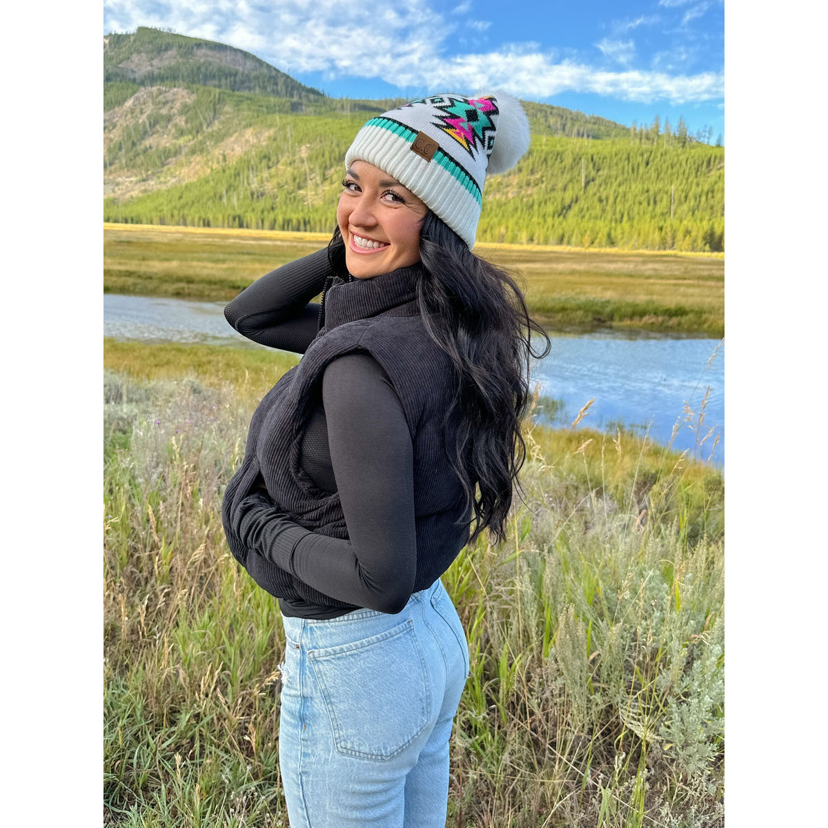 Southwestern Faux Fur Pom C.C Beanie HTE0030