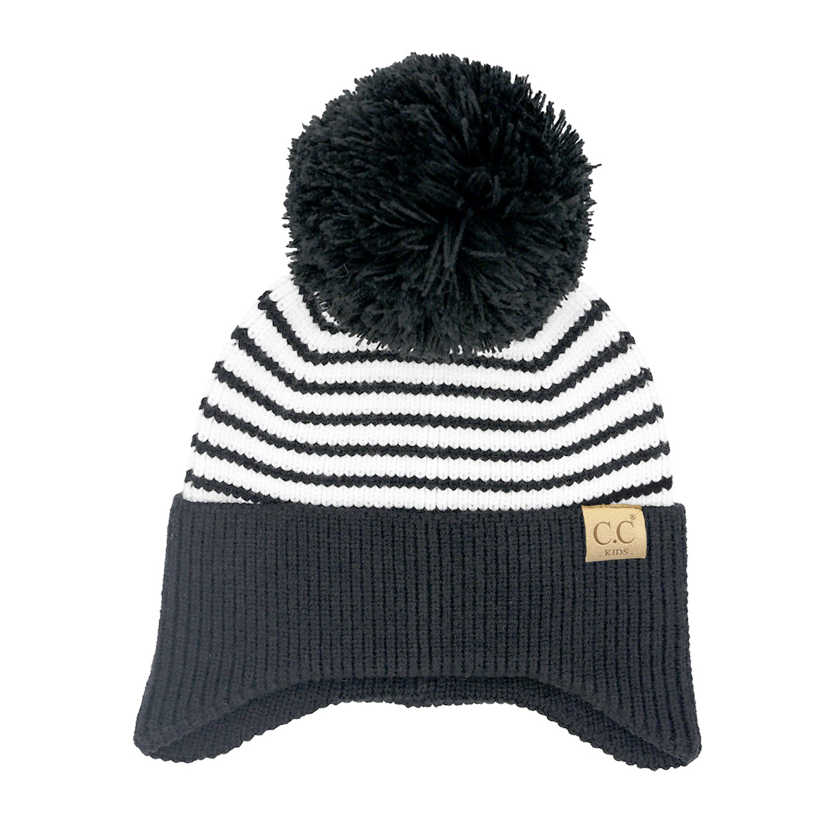 KIDS Stripe Earflap Yarn C.C Pom Beanie KDHTC0097