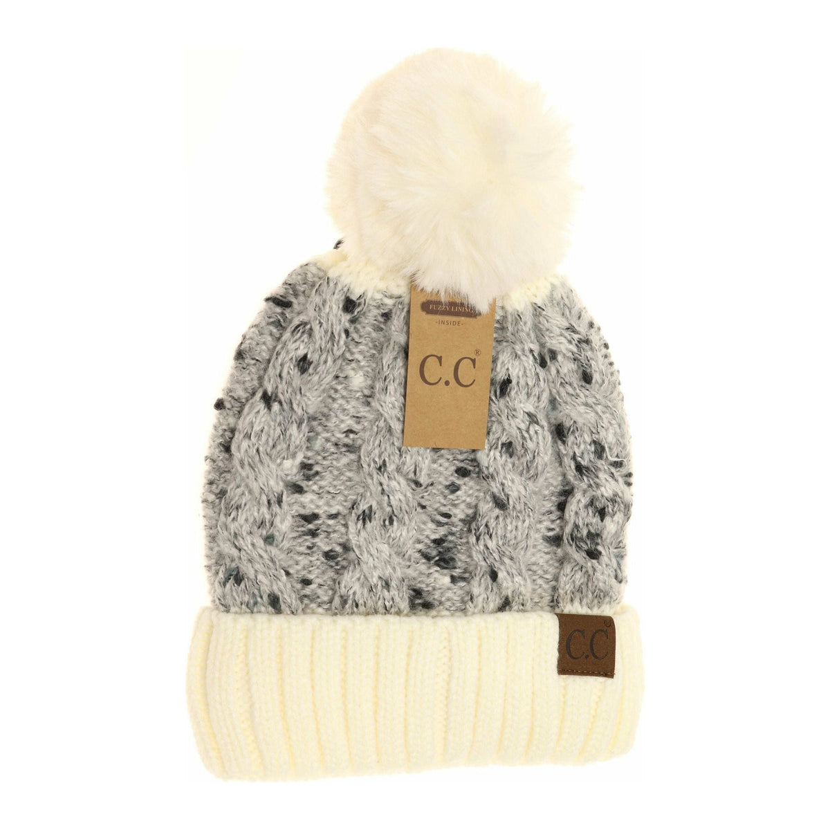 Confetti Cable Knit Faux Fur Pom Beanie HAT3621