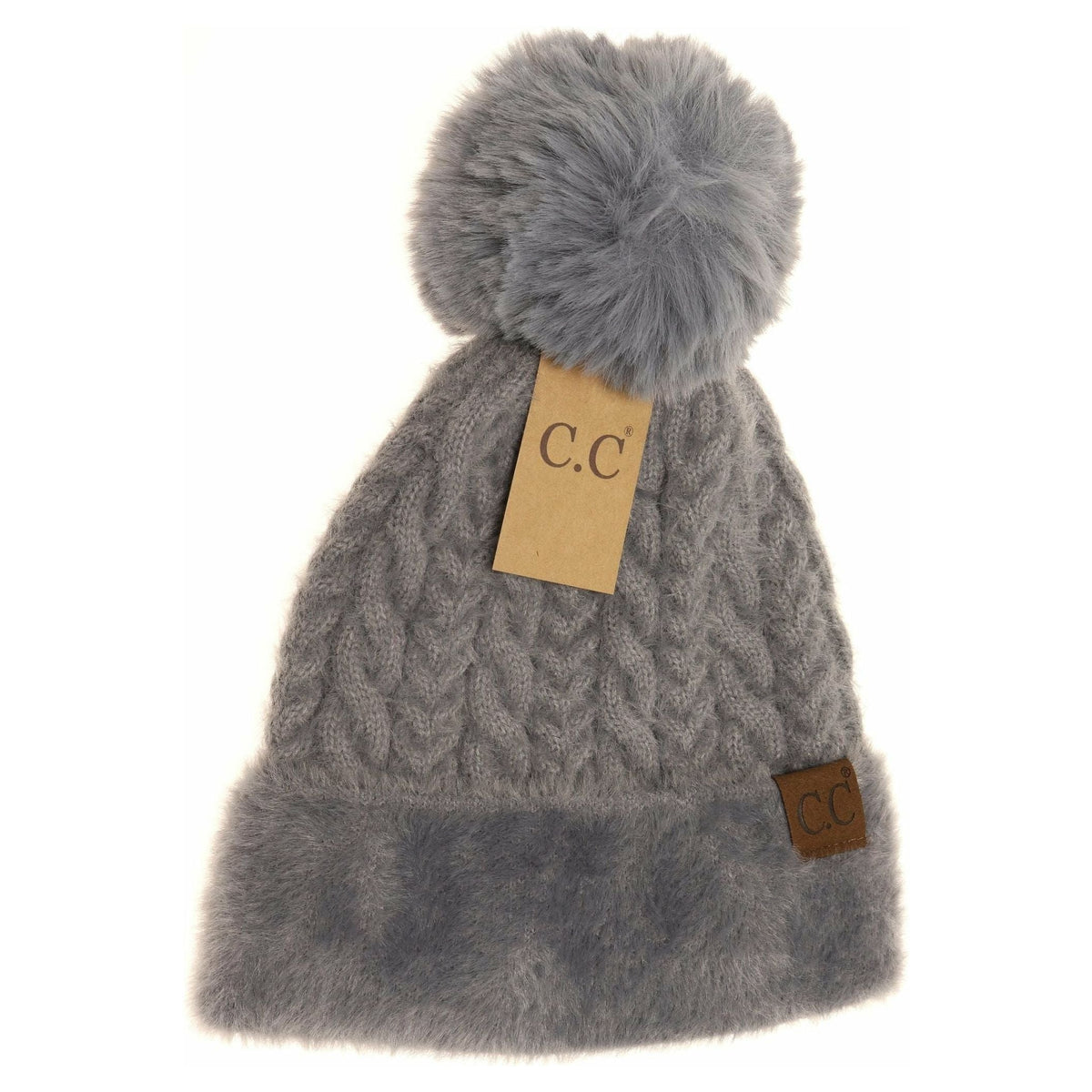 Cable Knit Faux Fur Pom and Cuff Beanie HAT3626