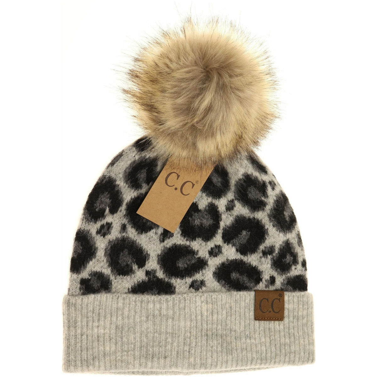 Leopard Pattern Faux Fur Pom Beanie HAT3513