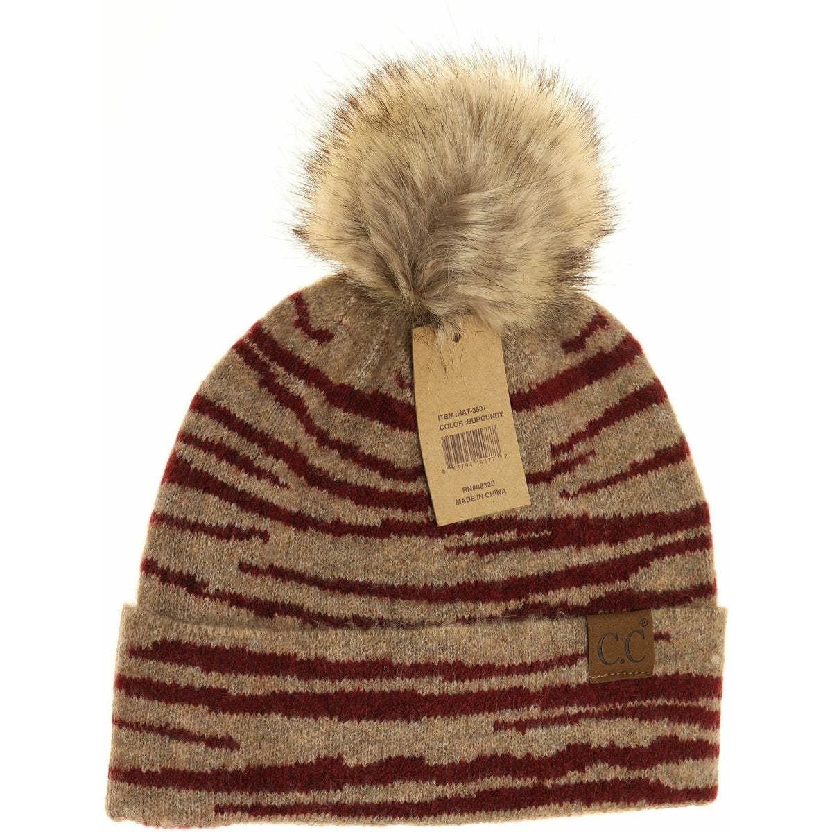 Zebra Pattern Faux Fur Pom Beanie HAT3607