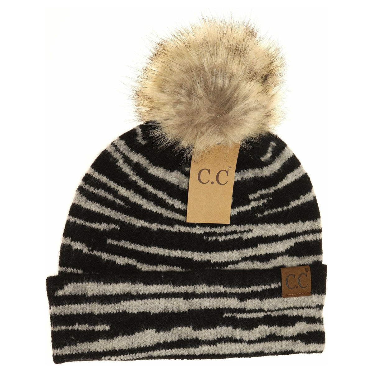 Zebra Pattern Faux Fur Pom Beanie HAT3607