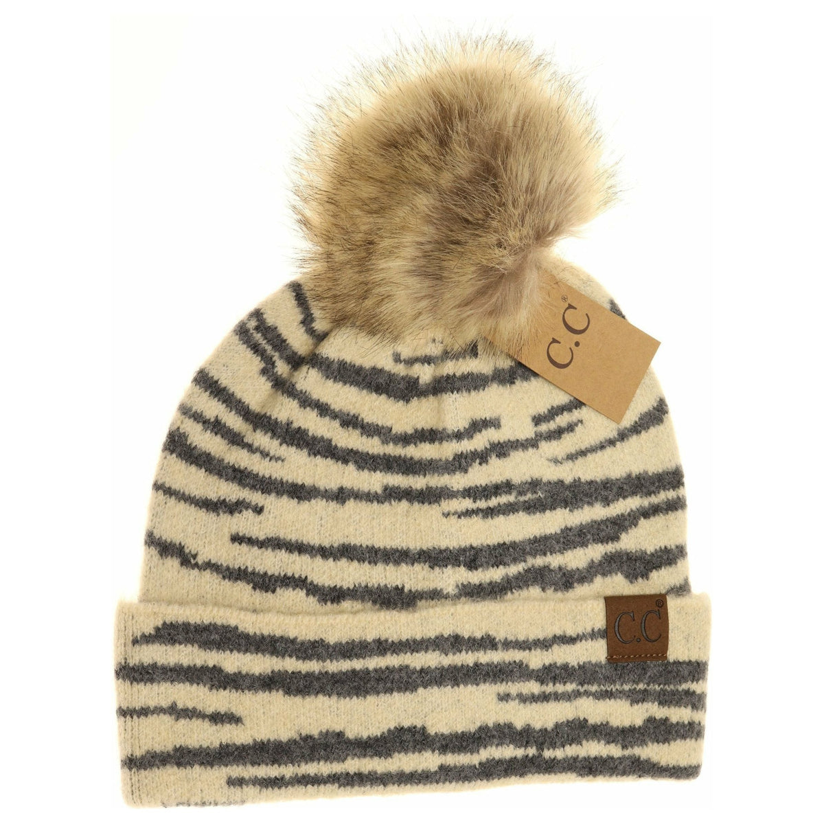 Zebra Pattern Faux Fur Pom Beanie HAT3607