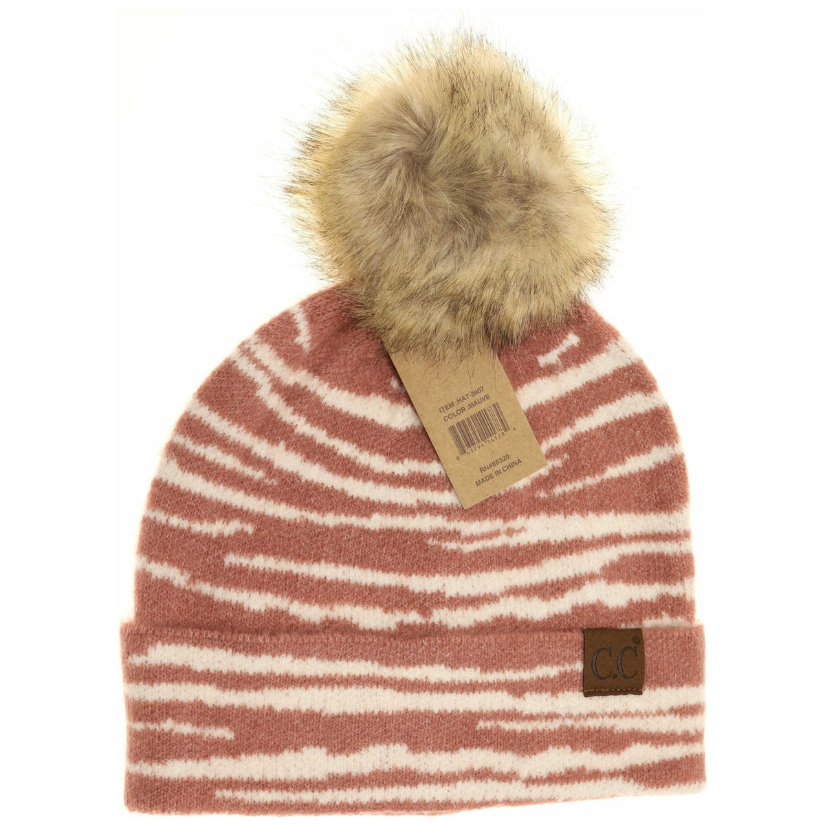 Zebra Pattern Faux Fur Pom Beanie HAT3607