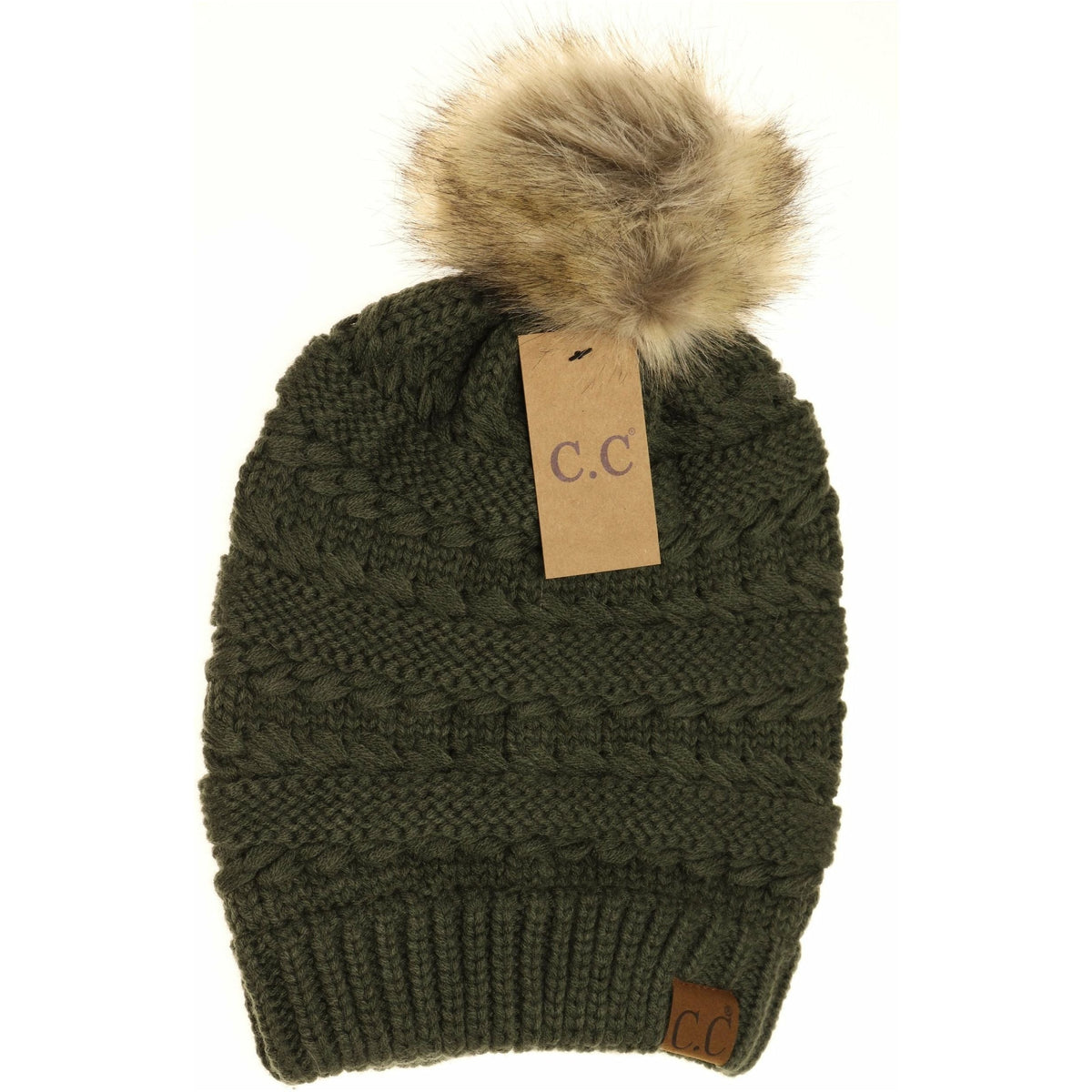 Whipstitch Knit Faux Fur Pom Beanie HAT7392POM