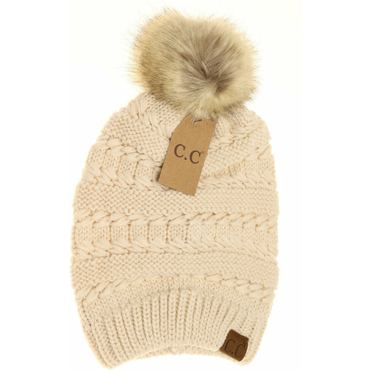 Whipstitch Knit Faux Fur Pom Beanie HAT7392POM