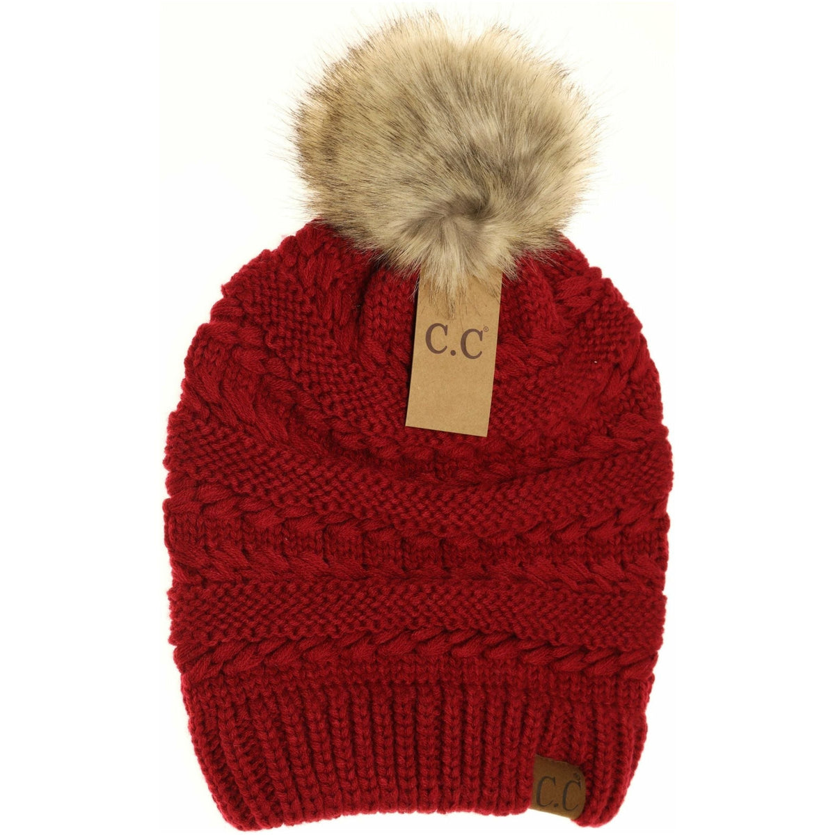 Whipstitch Knit Faux Fur Pom Beanie HAT7392POM