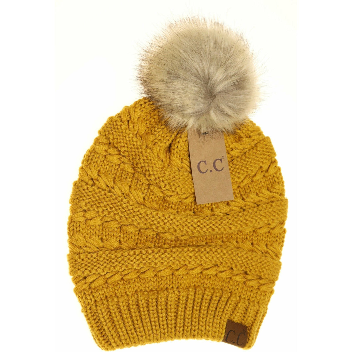 Whipstitch Knit Faux Fur Pom Beanie HAT7392POM