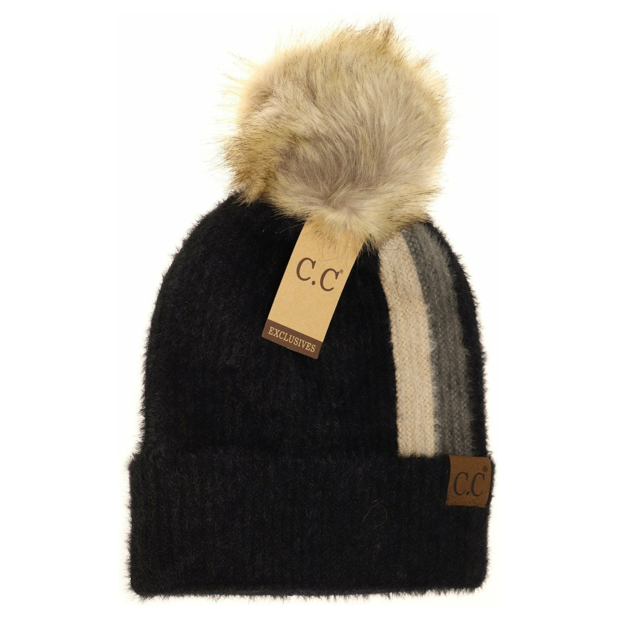 Striped Fur Knitted Pom Beanie HAT2056