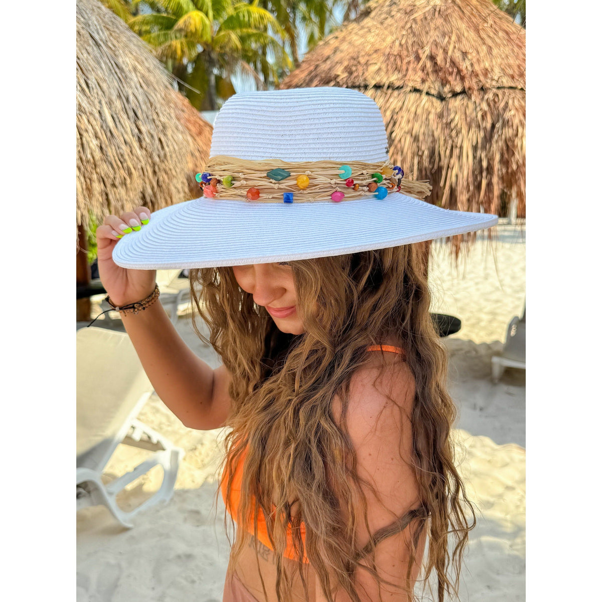 Colorful Bead Trim Wide Brim C.C Sun Hat STH0025