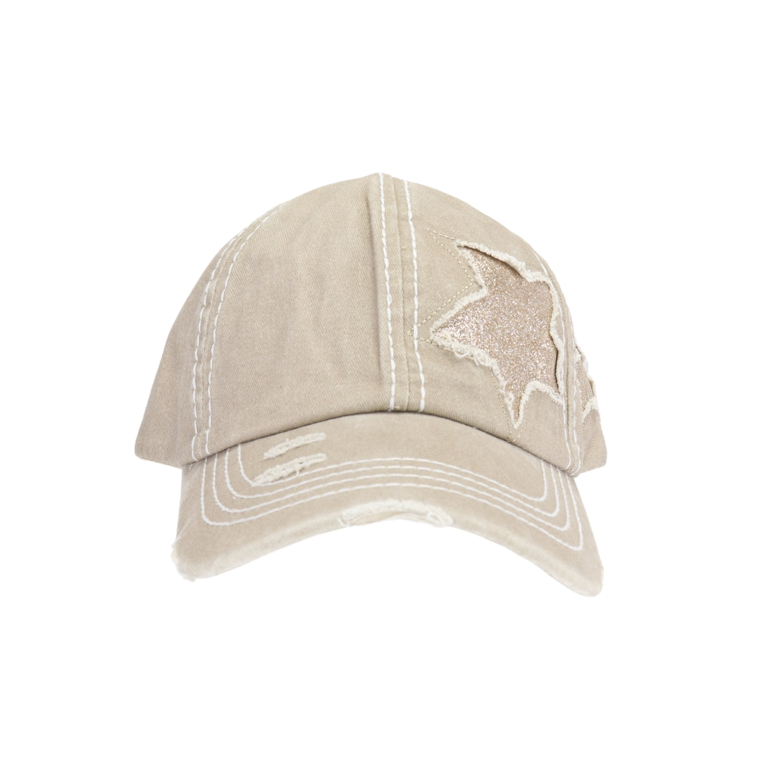 Distressed High Pony Cap with Glitter Star BT14