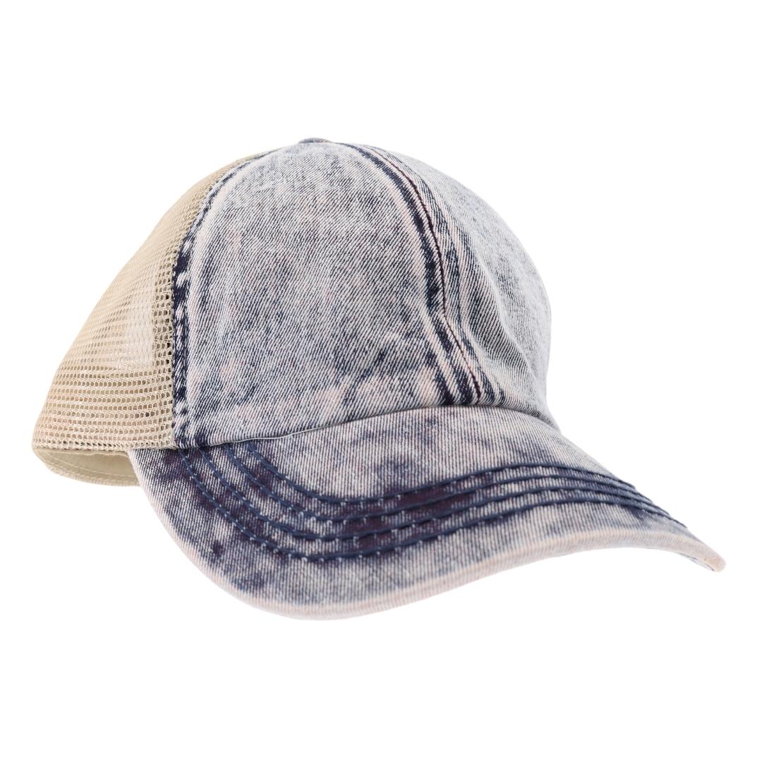 Stonewashed Denim Mesh Criss Cross High Pony C.C Ball Cap BT1009