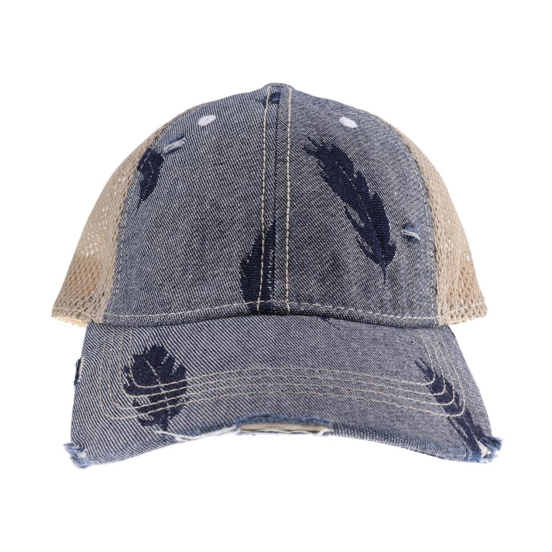 Embroidered Leaf Motif Jacquard Denim C.C High Pony Ball Cap BT3921