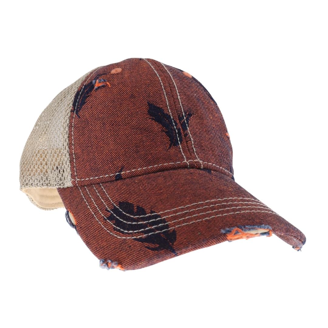 Embroidered Leaf Motif Jacquard Denim C.C High Pony Ball Cap BT3921