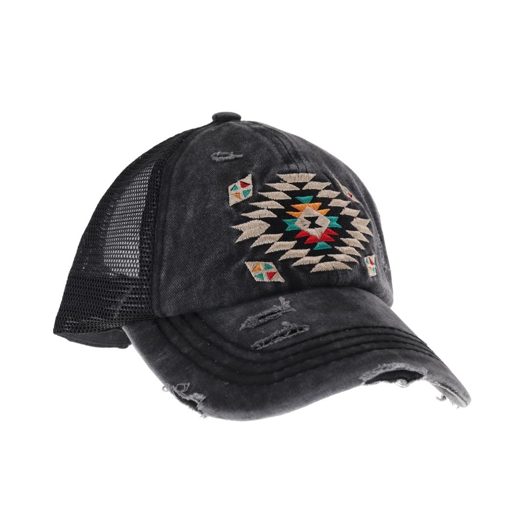 Distressed Aztec Patch Criss Cross High Pony C.C Ball Cap BT1018