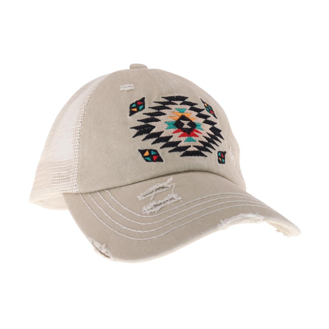 Distressed Aztec Patch Criss Cross High Pony C.C Ball Cap BT1018