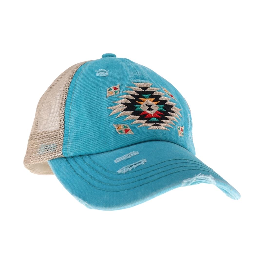 Distressed Aztec Patch Criss Cross High Pony C.C Ball Cap BT1018