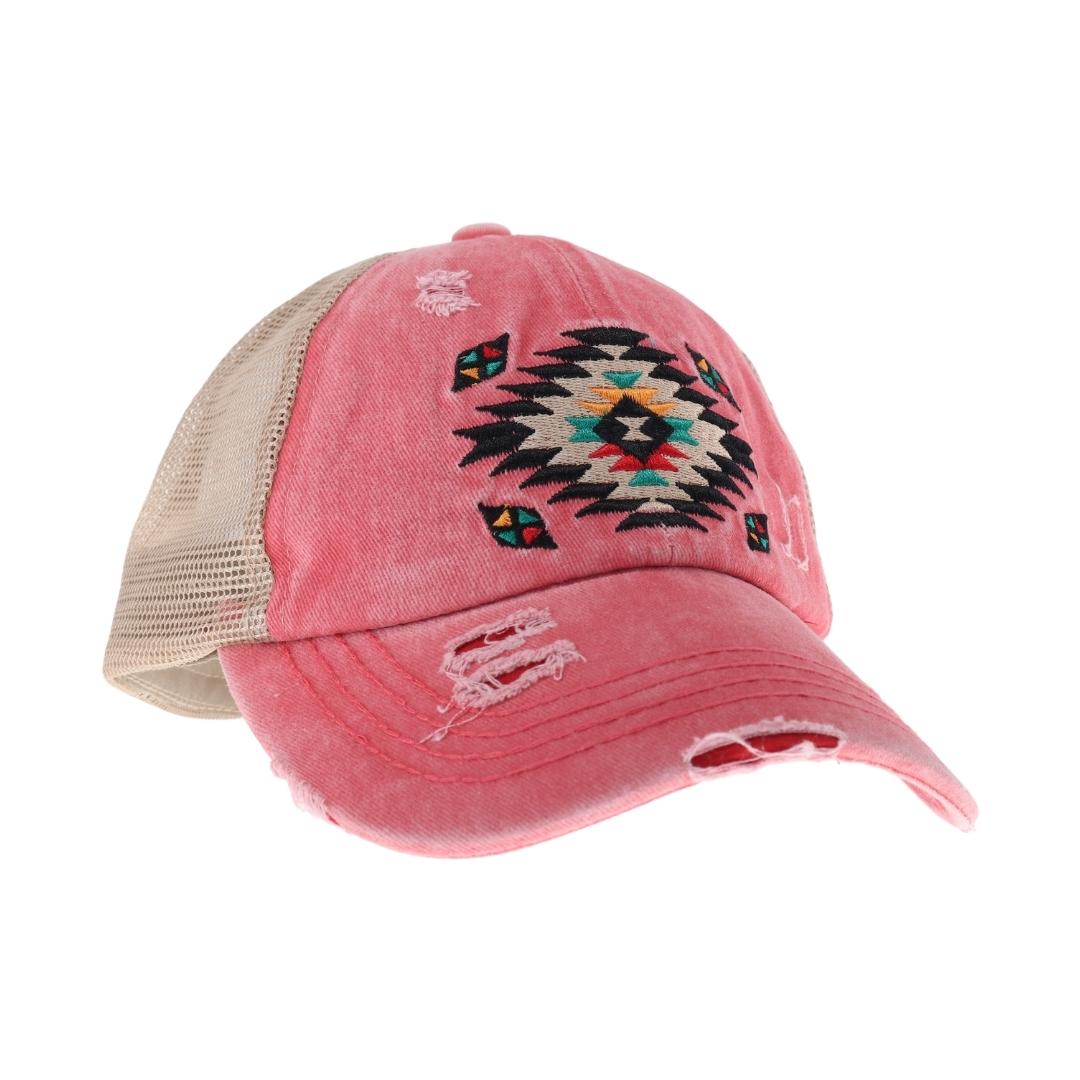 Distressed Aztec Patch Criss Cross High Pony C.C Ball Cap BT1018