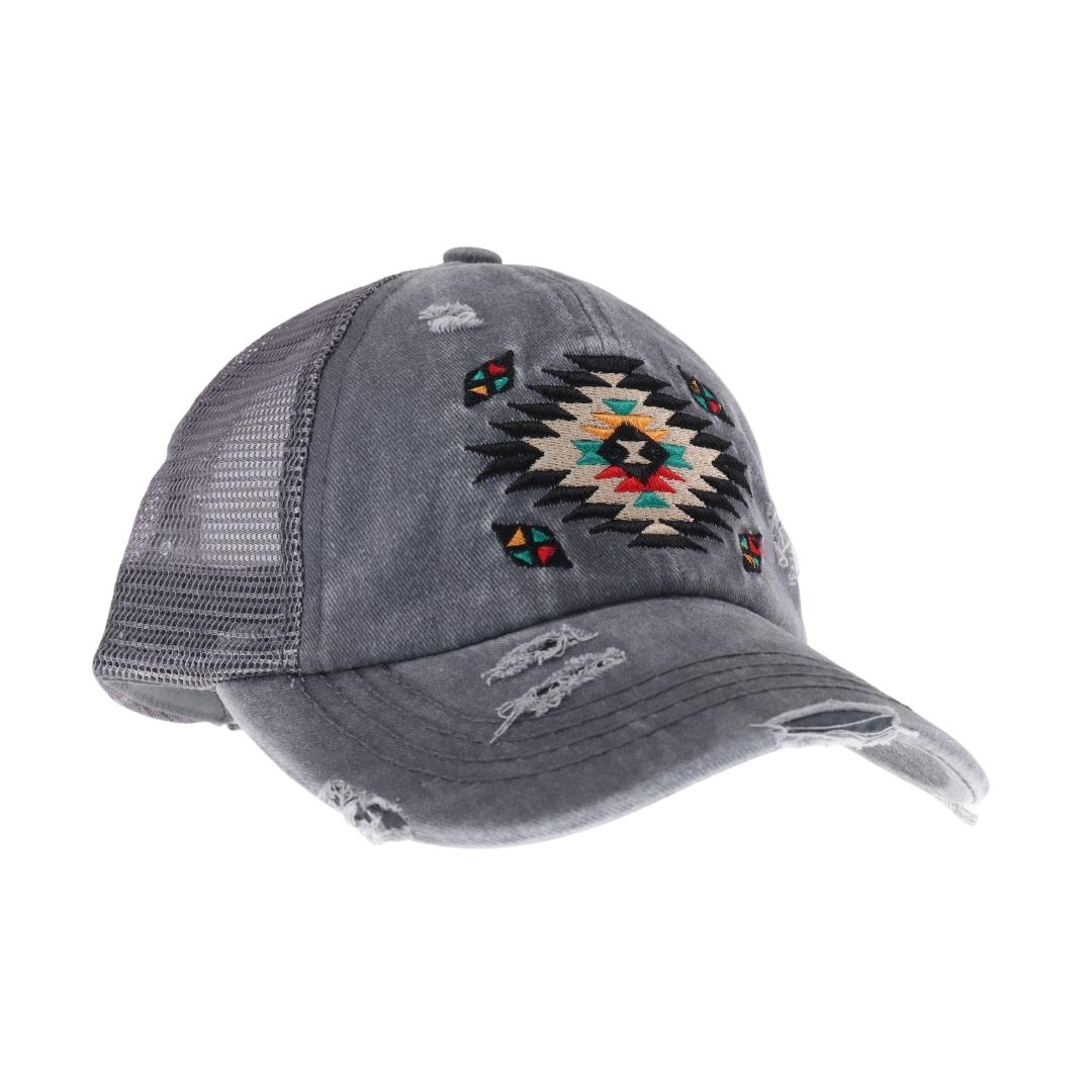 Distressed Aztec Patch Criss Cross High Pony C.C Ball Cap BT1018