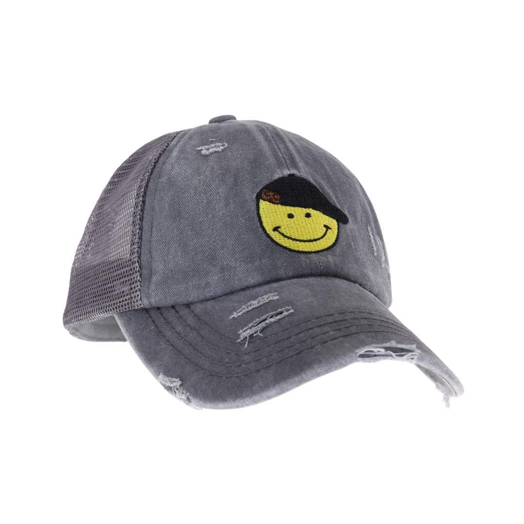 C.C Smiley Face Embroidered Criss Cross High Pony C.C Ball Cap BT1015