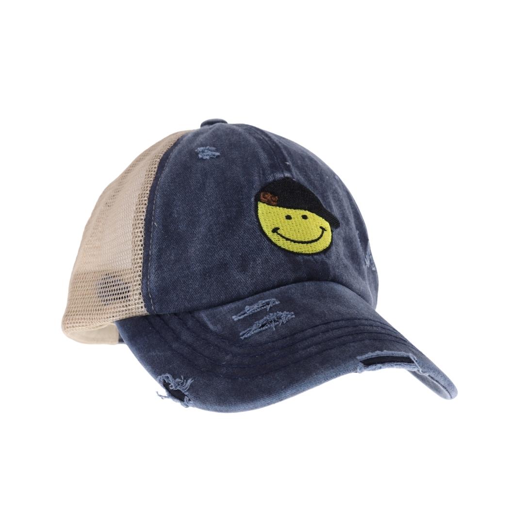 C.C Smiley Face Embroidered Criss Cross High Pony C.C Ball Cap BT1015