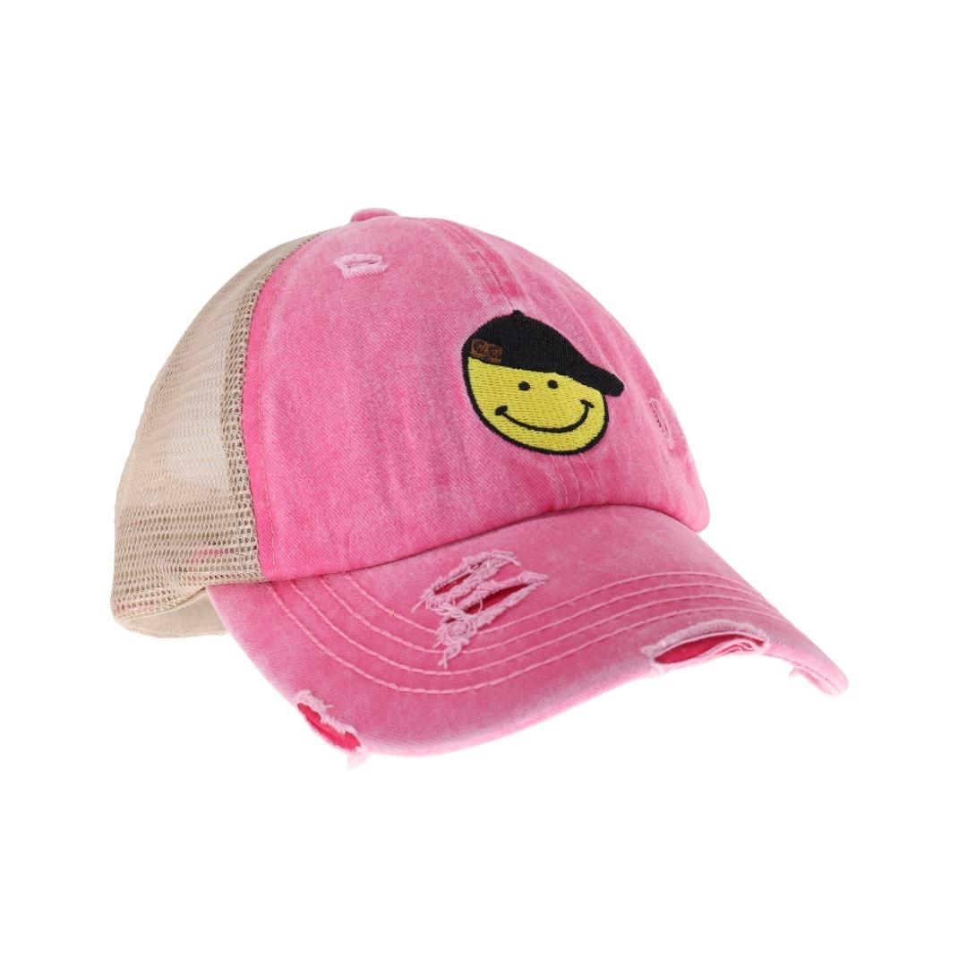 C.C Smiley Face Embroidered Criss Cross High Pony C.C Ball Cap BT1015