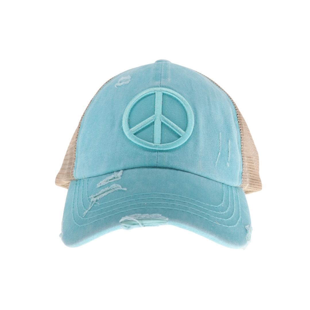 Distressed Embroidered Peace Sign Criss Cross High Pony C.C Ball Cap BT1017