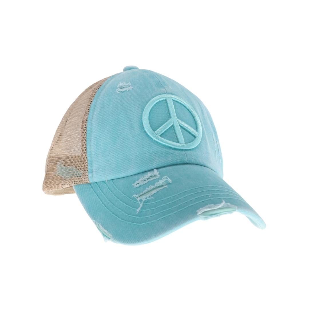 Distressed Embroidered Peace Sign Criss Cross High Pony C.C Ball Cap BT1017