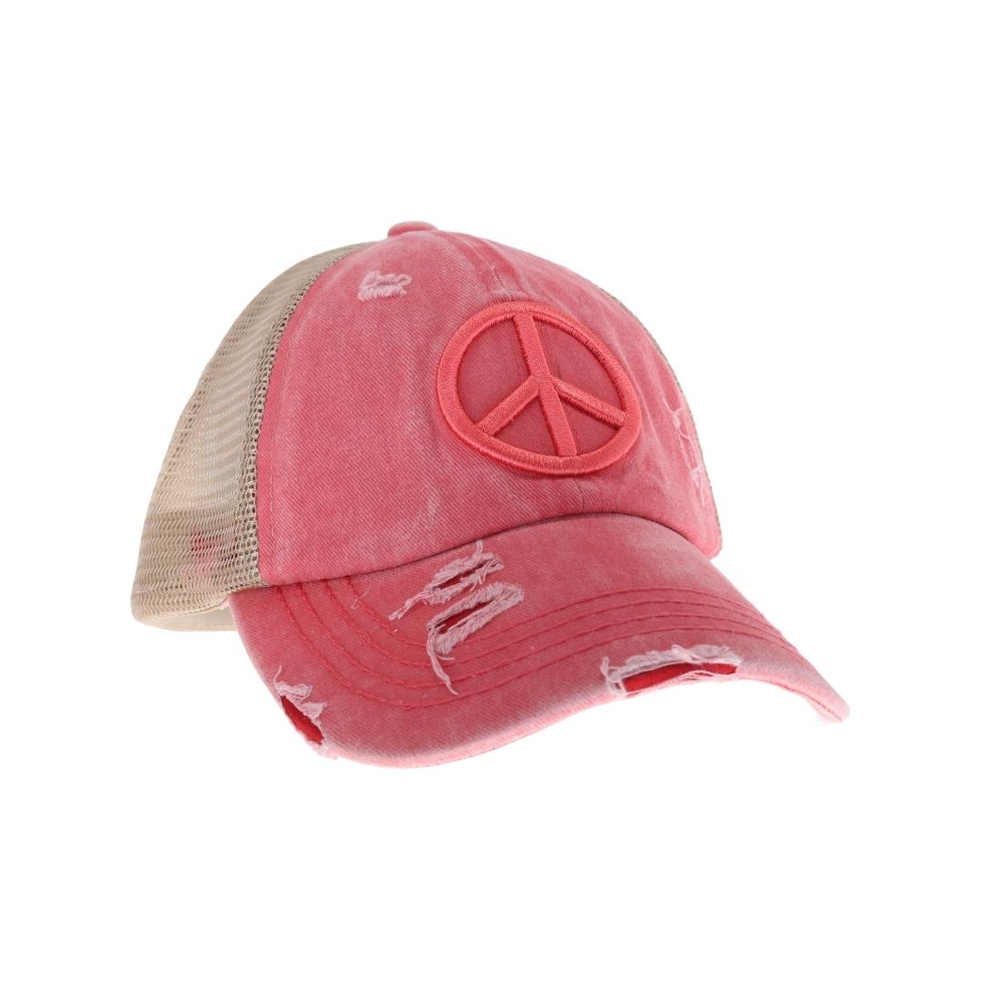 Distressed Embroidered Peace Sign Criss Cross High Pony C.C Ball Cap BT1017