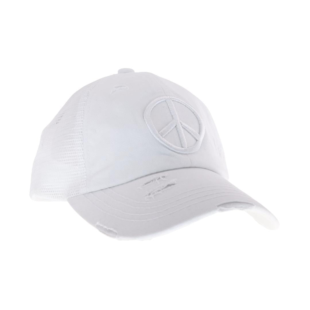 Distressed Embroidered Peace Sign Criss Cross High Pony C.C Ball Cap BT1017