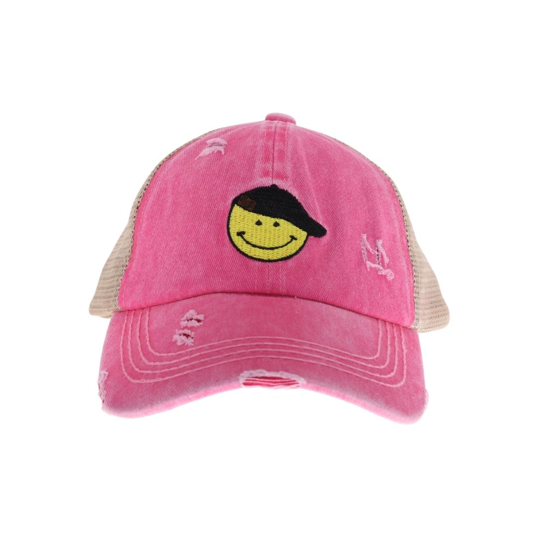 KIDS C.C Smiley Face Embroidered Criss Cross High Pony C.C Ball Cap KIDSBT1015