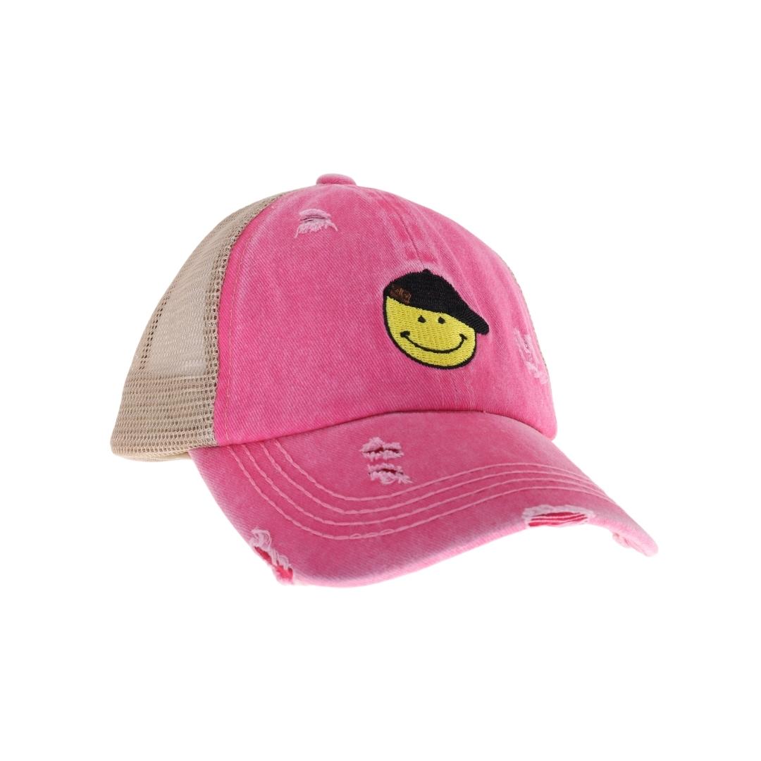 KIDS C.C Smiley Face Embroidered Criss Cross High Pony C.C Ball Cap KIDSBT1015