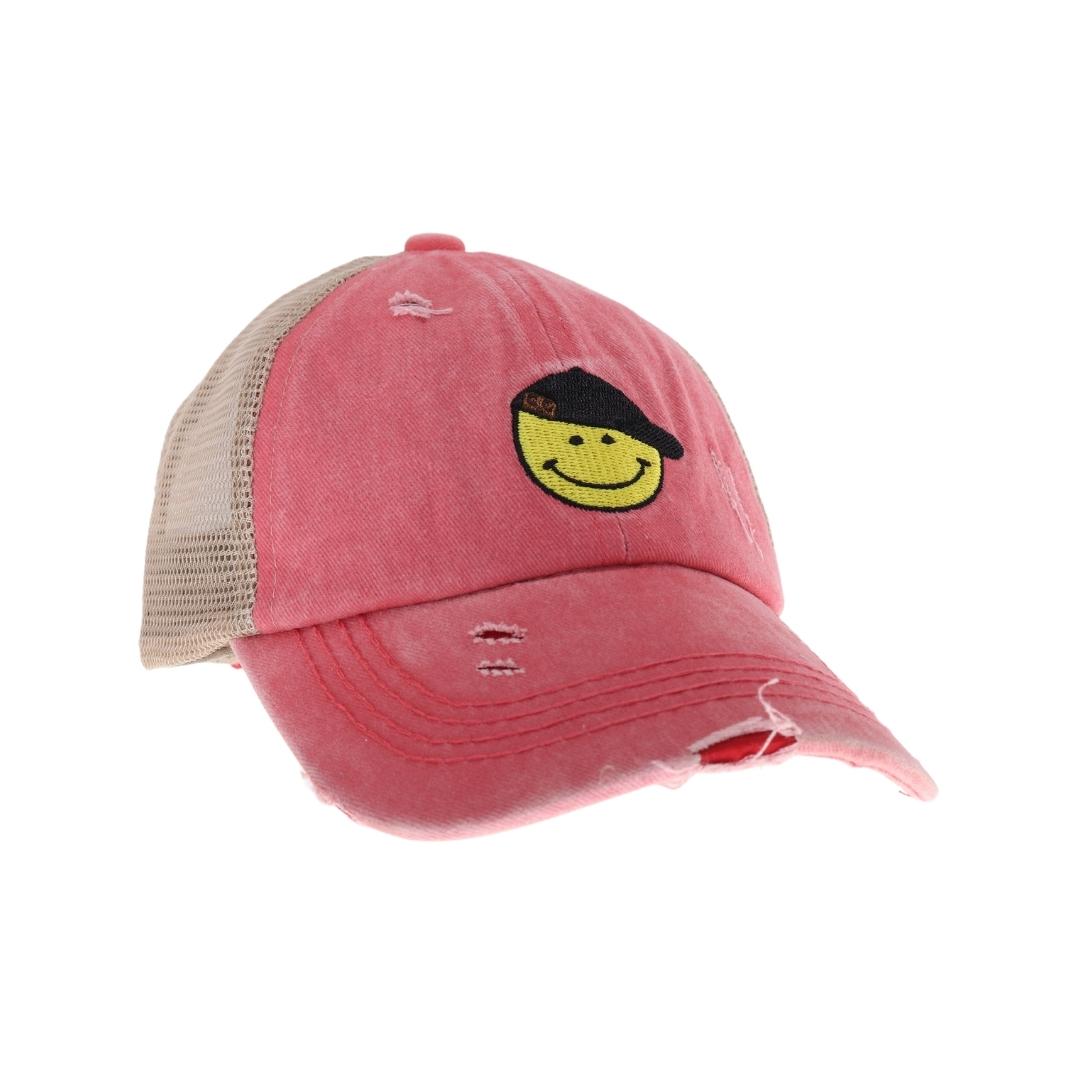 KIDS C.C Smiley Face Embroidered Criss Cross High Pony C.C Ball Cap KIDSBT1015