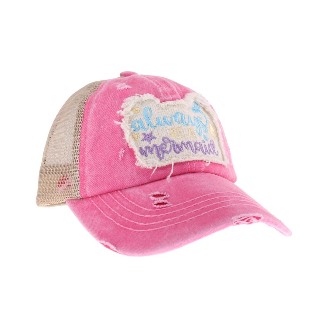 KIDS Embroidered Always Be A Mermaid Patch Criss Cross High Pony C.C Ball Cap KIDSBT1019