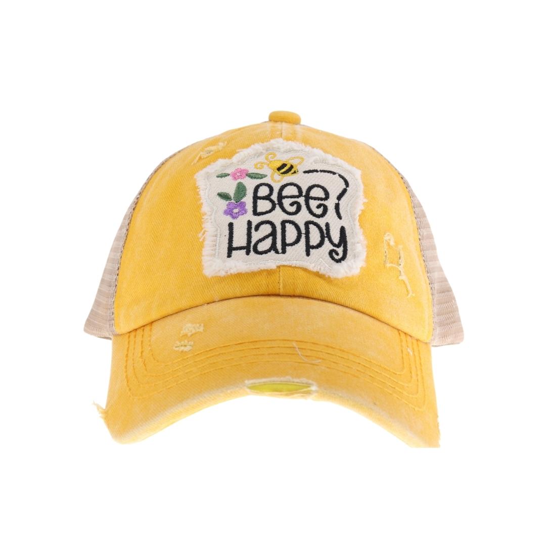 KIDS Embroidered Bee Happy Patch Criss Cross High Pony C.C Ball Cap KIDSBT1002