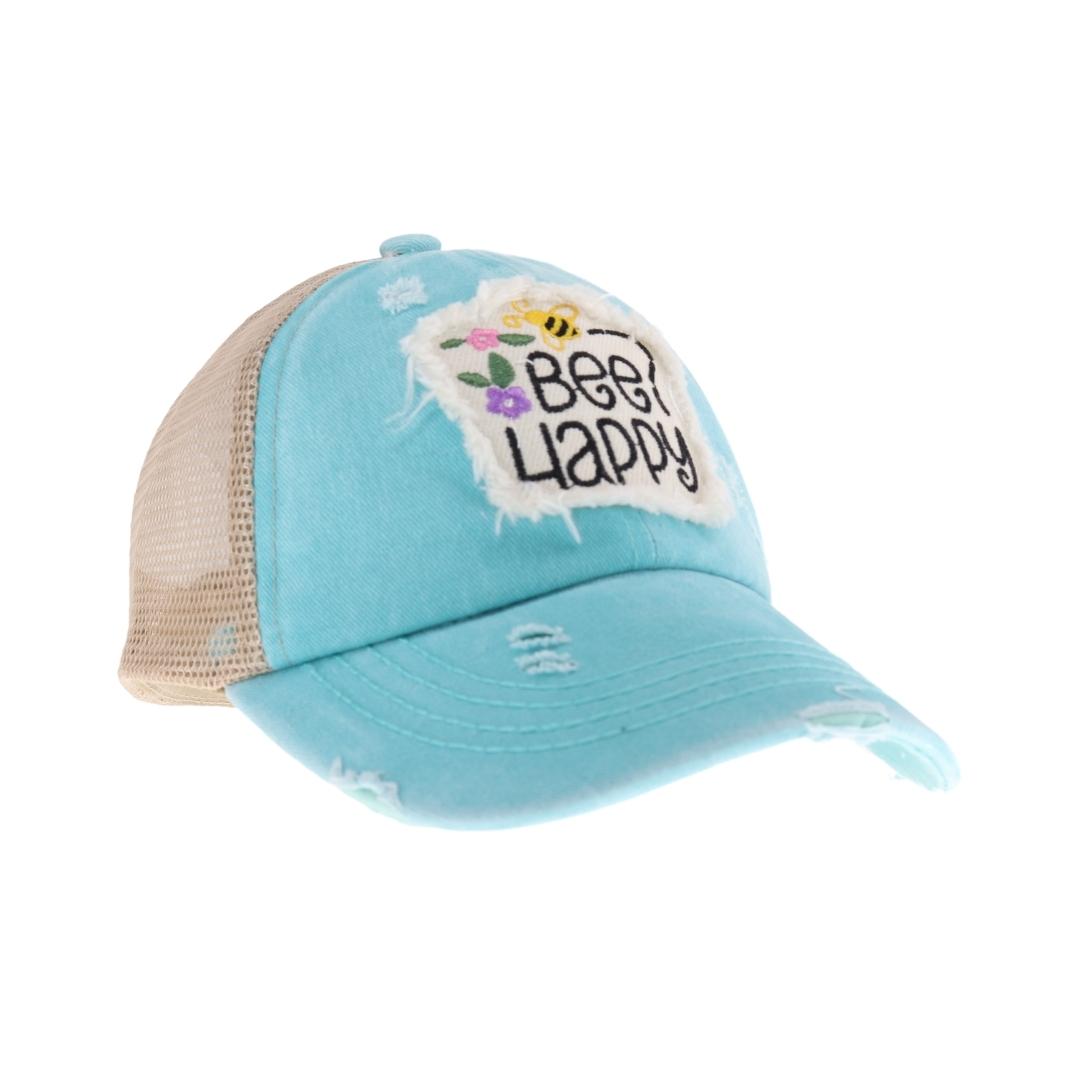 KIDS Embroidered Bee Happy Patch Criss Cross High Pony C.C Ball Cap KIDSBT1002