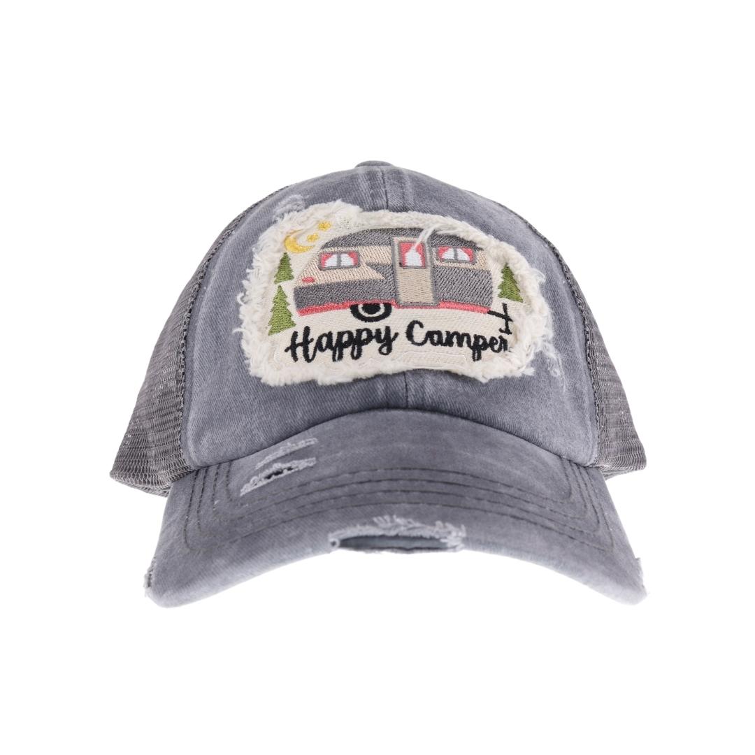 Embroidered Happy Camper Patch C.C High Pony Criss Cross Ball Cap BT1004