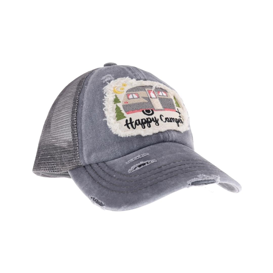 Embroidered Happy Camper Patch C.C High Pony Criss Cross Ball Cap BT1004