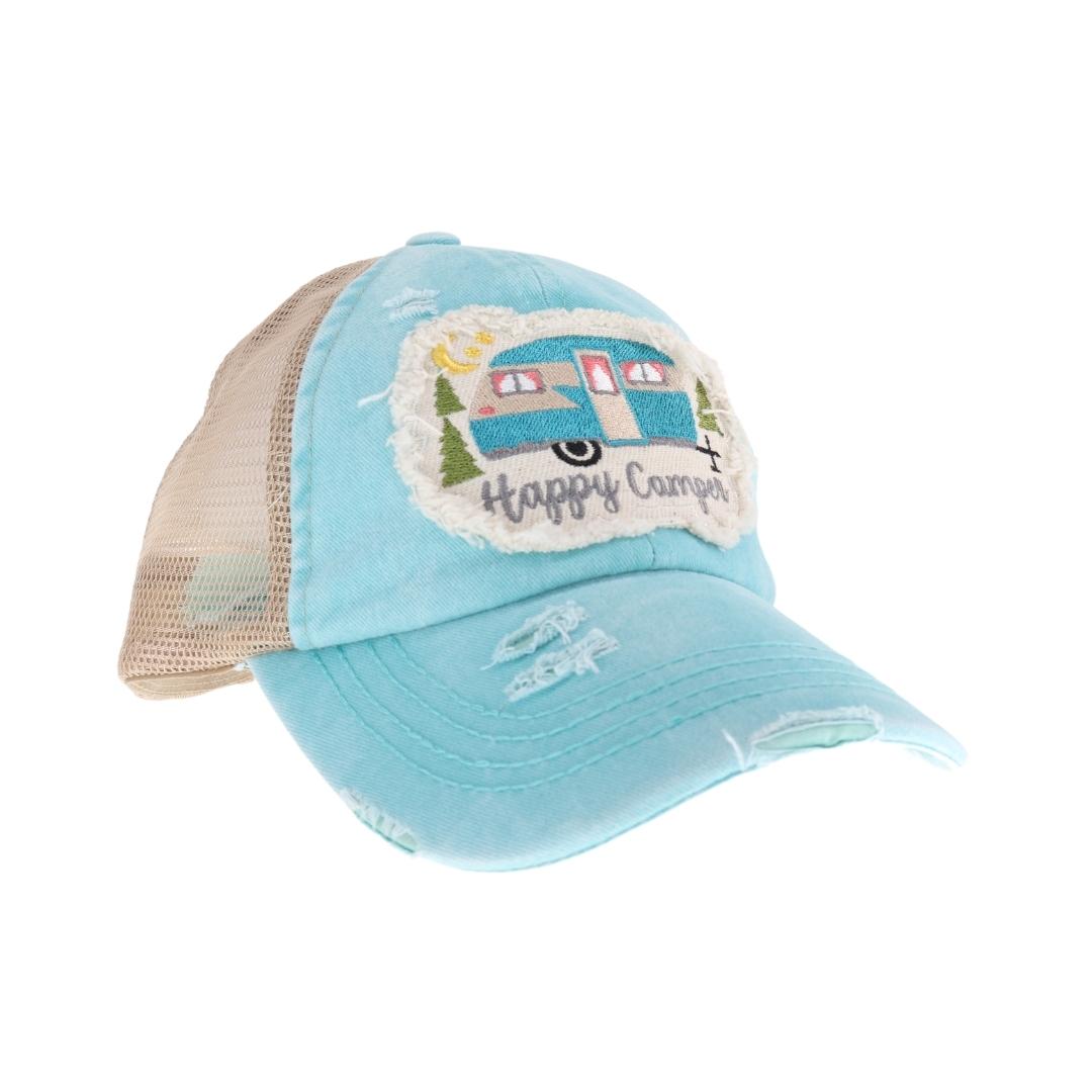 Embroidered Happy Camper Patch C.C High Pony Criss Cross Ball Cap BT1004