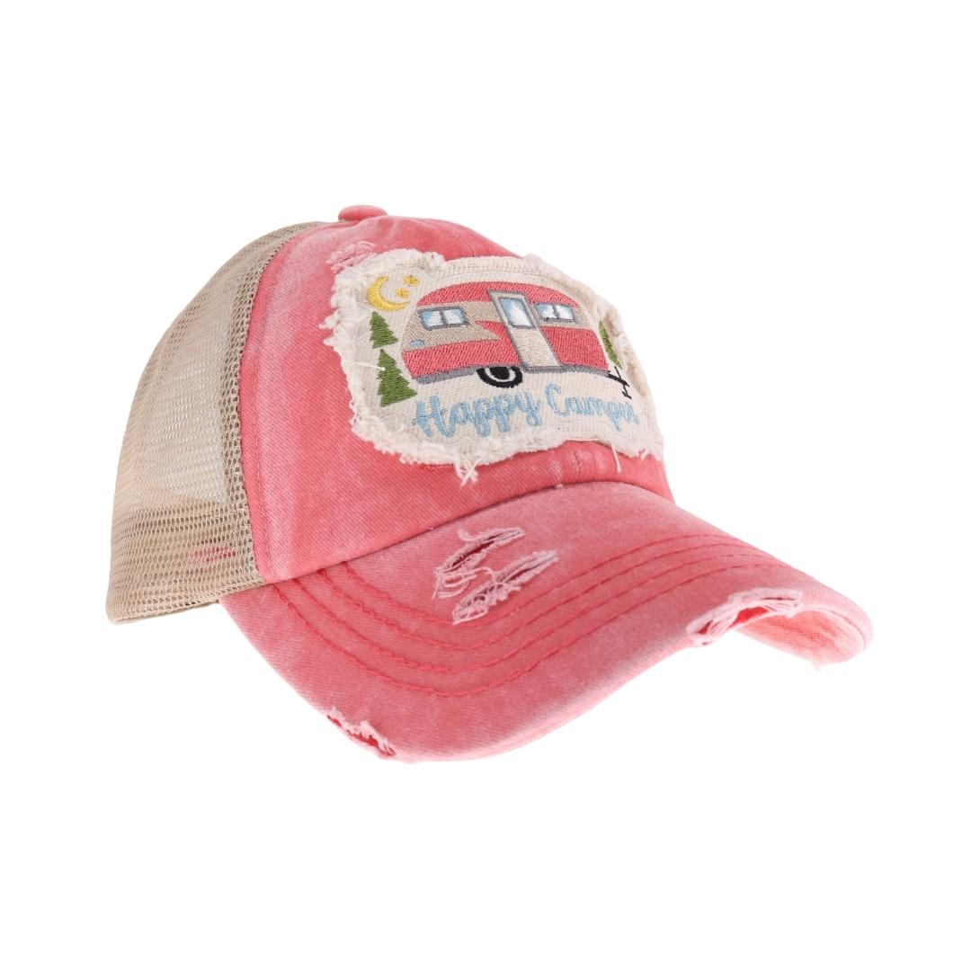 Embroidered Happy Camper Patch C.C High Pony Criss Cross Ball Cap BT1004