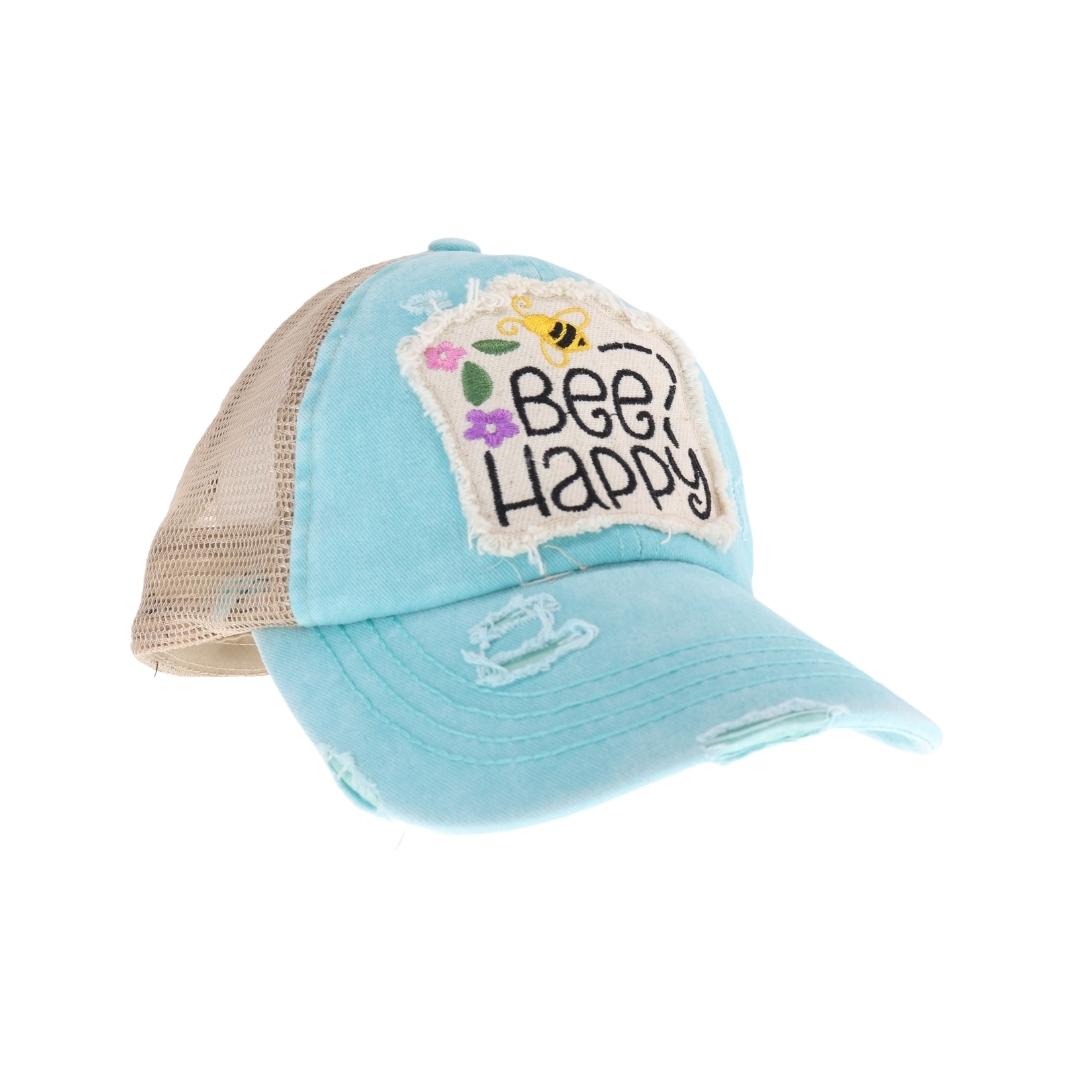 Embroidered Bee Happy Patch C.C High Pony Criss Cross Ball Cap BT1002